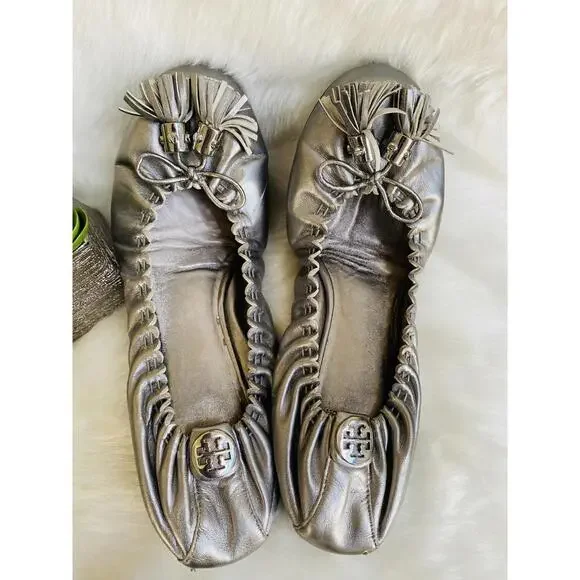 Tory Burch Metallic Silver Flats with Tassel Detail Size 9 - Picture 2 of 8